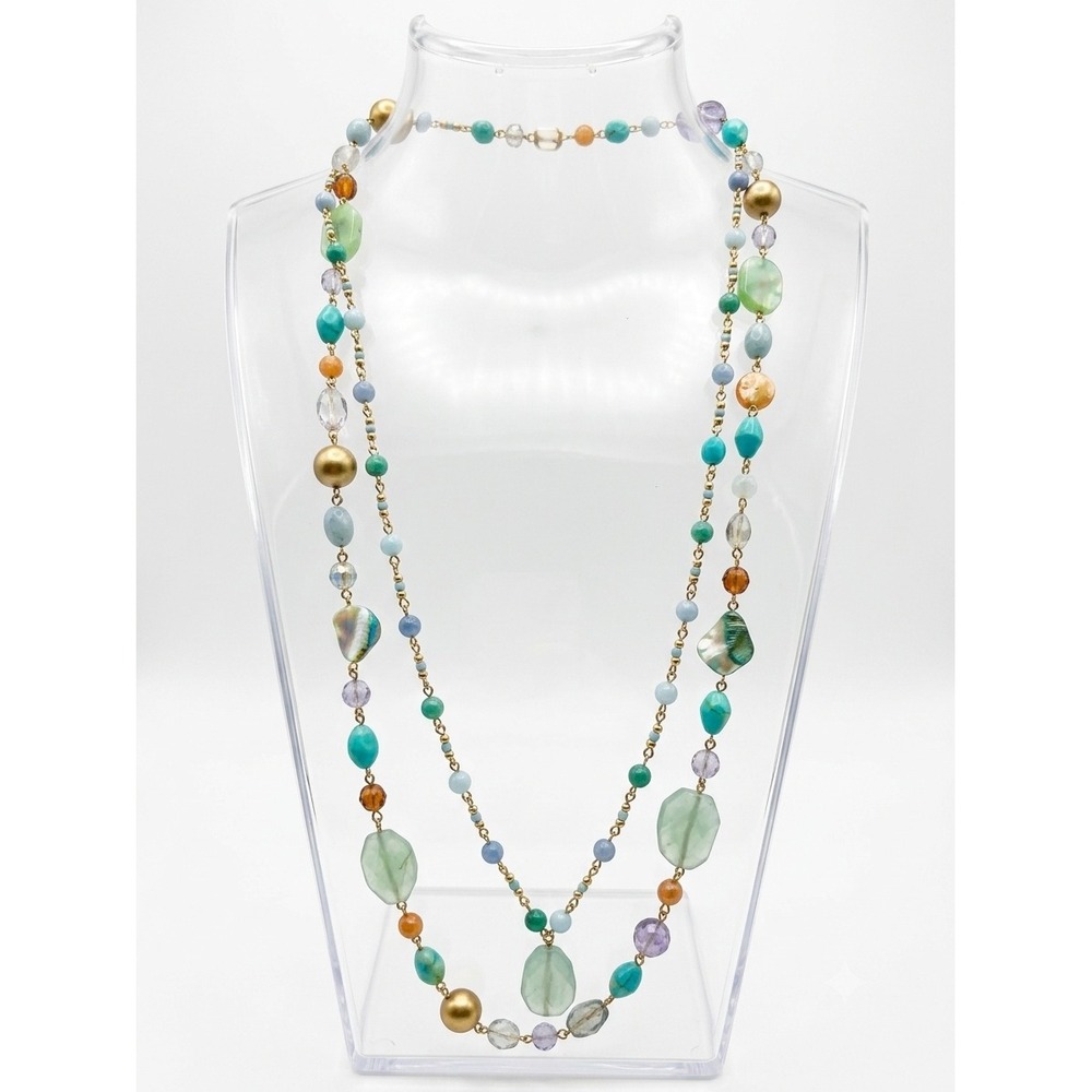 Boho Abalone Shell & Glass Beaded Layered Station Necklace Gold Tone SKUJ113